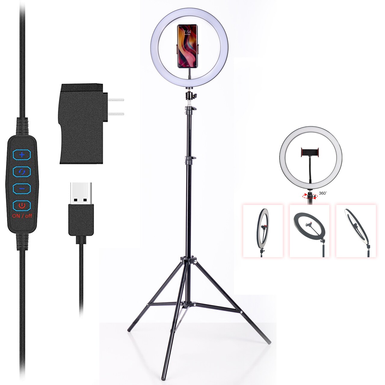 Technical Pro Live Light Social Media Broadcast Kit W/ 12" LED Selfie Ring Light, flexible Cell Phone Holder and Tripod,